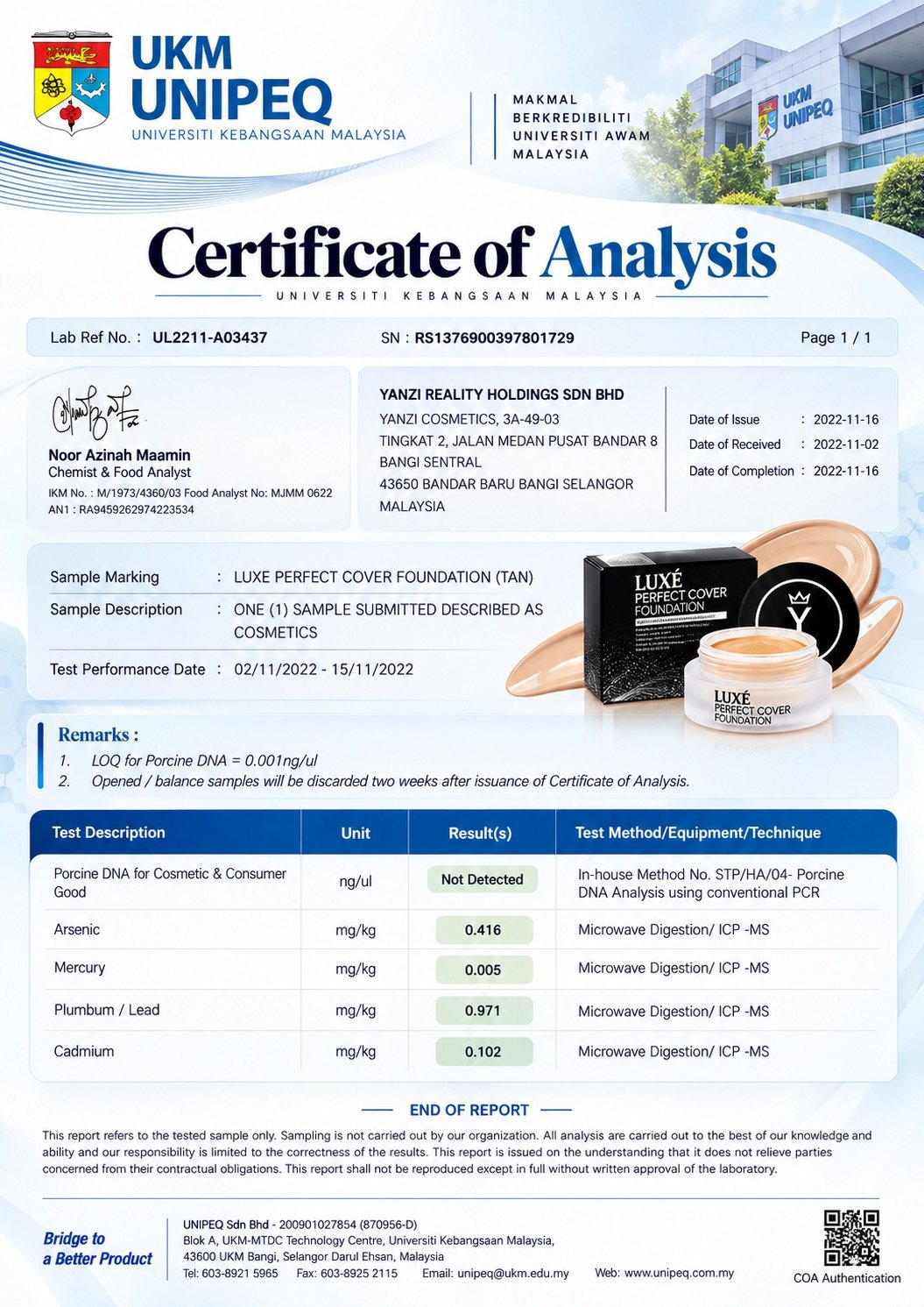 Sijil KKM dan LABTEST Luxe Perfect Cover