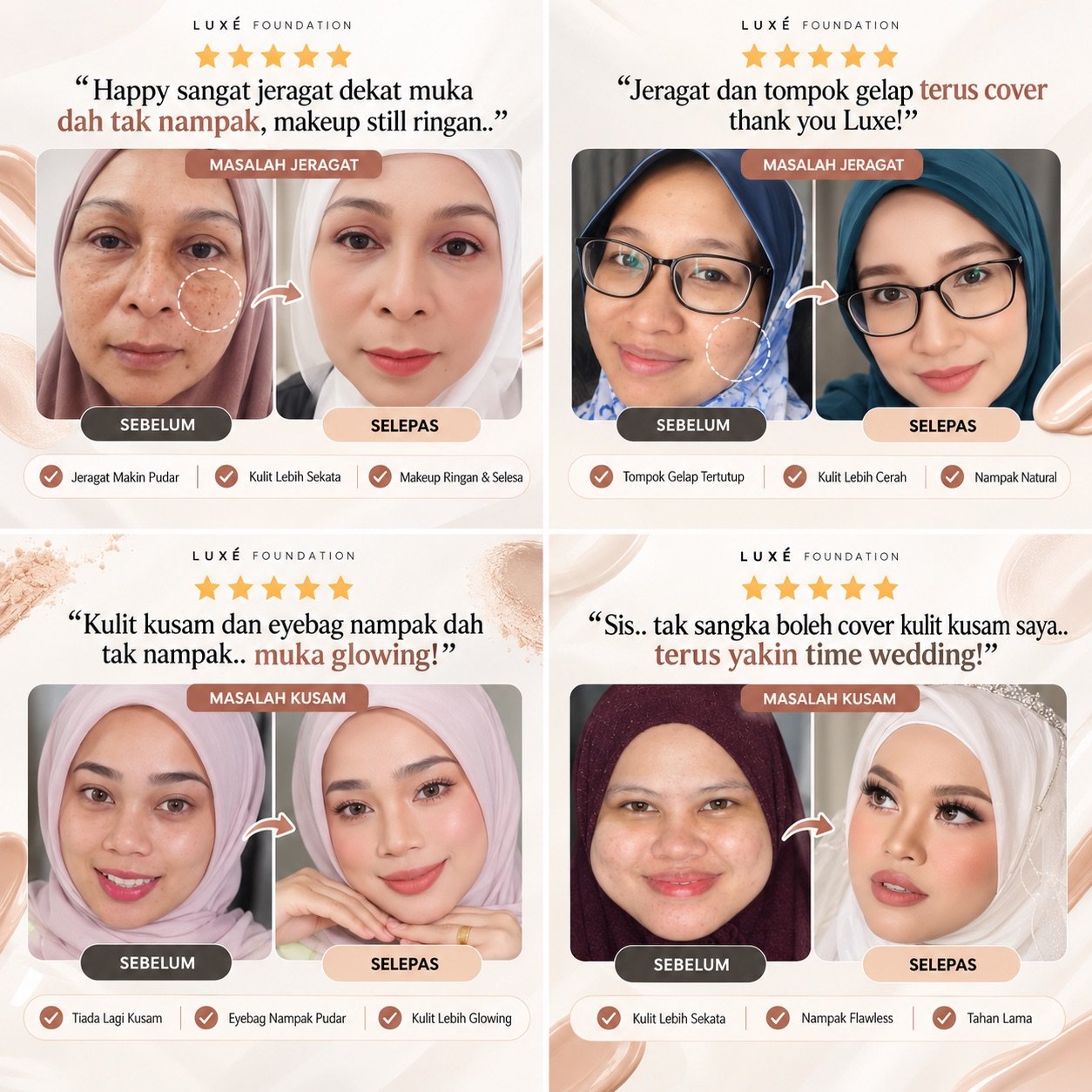 Testimoni sebelum selepas Luxe Perfect Cover Foundation